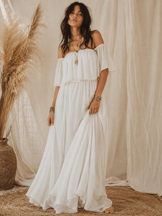 Sugarlips Dresses & Skirts - White Boho Off Shoulder Maxi Dress Flowy Ruffle Beach Wedding Bridal Dress